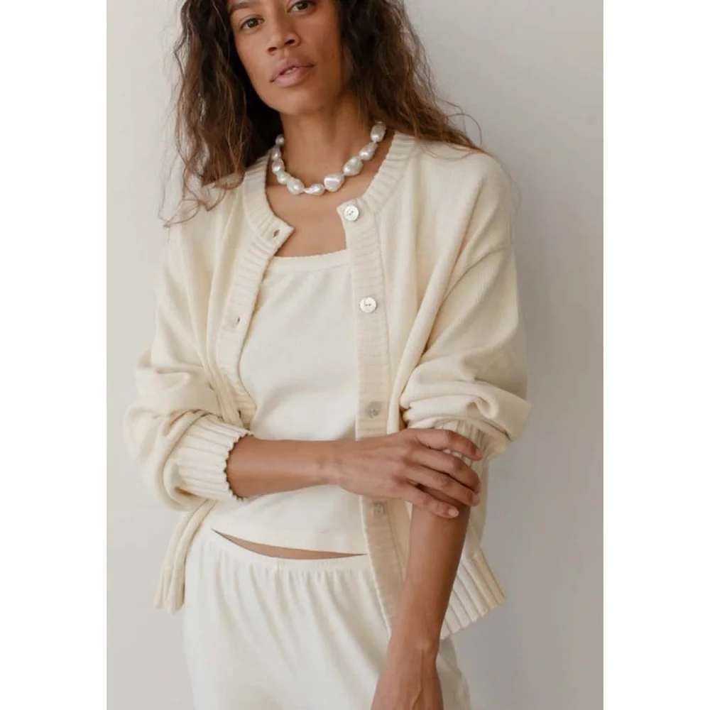 Donni The Cotton Knit Cardigan Sweater Creme Large - Picture 3 of 14